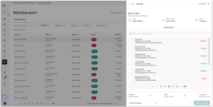 Screenshot der Mietübersicht in immocloud mit einer Liste von 4.760 Mietbuchungen (Status Bezahlt/Offen) und einem geöffneten Umsatz-Panel für Mieter Kurt C. Hose, das Bankumsätze zur manuellen Zuordnung der offenen Miete von 1.150,00 € auflistet.
