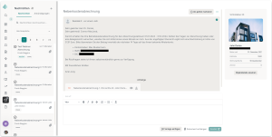 Screenshot des Nachrichtenmoduls in immocloud mit einer geöffneten Nebenkostenabrechnung an Mieter John Dorian, einer PDF-Anlage, dem Antwortbereich mit Texteditor sowie einer Seitenleiste mit Mieterstammdaten (Kaltmiete 550 €, 90 m², Objekt Schloßallee 30).