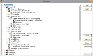 Screenshot der Auskunft-Baumansicht der Fraberger Hausverwaltungssoftware, die die Hierarchie eines Miethauses (Hauptstr. 4) mit Hauseigentümer, Handwerkern, Wohnungseinheiten (OG links/rechts, DG, EG), zugeordneten Mietern mit Mietbeginn und monatlicher Miete sowie Buchungen und Zählerständen je Objekt zeigt.