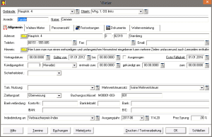 Screenshot des Mieter-Dialogs der Fraberger Hausverwaltungssoftware mit dem Tab „Allgemein", der Felder für Adresse, Telefon, Vertragsdatum, Kündigungsfrist, Zahlungsart, Bankverbindung (IBAN/BIC) sowie Indexbindung an den Verbraucherpreis-Index zeigt.