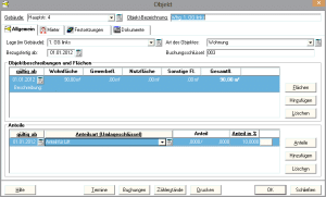 Screenshot des Objekt-Dialogs der Fraberger Hausverwaltungssoftware mit dem Tab „Allgemein", der Felder für Lage, Bezugsfertigkeit, Objektbeschreibung mit Flächenangaben (90 m² Wohnfläche) sowie eine Anteilstabelle mit Umlageschlüssel und prozentualen Anteilen zeigt.