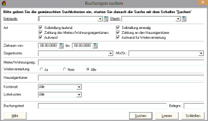 Screenshot der Buchungsauskunft der Fraberger Hausverwaltungssoftware mit 94 Einträgen für das Miethaus Hauptstr. 4, die Mietzahlungen einzelner Wohnungen mit Datum, Empfänger, Netto- und MwSt.-Betrag sowie eine Gesamtauswertung mit Sollstellungen, Zahlungen und Einnahmen-Ausgaben-Saldo zeigt.