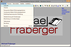 Screenshot der Fraberger Hausverwaltungssoftware Version 5.00.00 mit geöffnetem Vorgänge-Menü, das Optionen wie Auskunft, Termine, Mieterwechsel, Festsetzungsanpassung, Neuberechnung, Zählerstände und Beschlüsse zeigt.