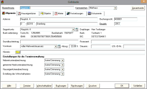 Screenshot des Gebäude-Dialogs der Fraberger Hausverwaltungssoftware mit dem Tab „Allgemein", der Felder für Adresse, Bankverbindung (inkl. IBAN/BIC), Vorsteuer, Buchungsschlüssel sowie Einstellungen für die Terminverwaltung zeigt.