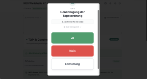 Eigentümeransicht von ETV+ mit einem Abstimmungsfenster zu TOP 4 „Genehmigung der Tagesordnung", inklusive Option „Abstimmen für sich selbst", Anzeige des eigenen Stimmgewichts sowie den Buttons „Ja", „Nein" und „Enthaltung".