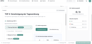  Verwalteransicht von ETV+ zu TOP 4 „Genehmigung der Tagesordnung" mit Eigentümerliste inklusive Anwesenheitsstatus, Abstimmungsmodus (Einzel- oder Schnellabstimmung) und einem Live-Ergebnis mit Ja-, Nein- und Enthaltungsstimmen.