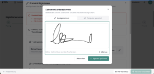 Signatur-Dialog von ETV+ mit dem Fenster „Dokument unterzeichnen" für die Demo Hausverwaltung GmbH, mit der Option zwischen handgezeichneter und computergenerierter Unterschrift, einem eingezeichneten Unterschriftsfeld sowie den Buttons „Abbrechen" und „Signatur speichern".