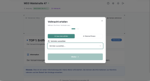 Dialog „Vollmacht erteilen" in ETV+ mit Auswahl zwischen „Aus Liste wählen" und „Externe Person", einem Dropdown-Feld „Vertreter auswählen" sowie dem Button „Weiter".