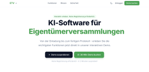 Startseite von ETV+ mit der Überschrift „KI-Software für Eigentümerversammlungen", Beschreibungstext zur interaktiven Demo sowie den Buttons „Demo ausprobieren" und „30-Min-Demo buchen".
