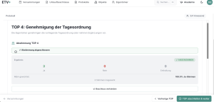 Verwalteransicht von ETV+ zu TOP 4 „Genehmigung der Tagesordnung" mit abgeschlossener Abstimmung, Ergebnis „Angenommen" (3 Ja, 0 Nein, 0 Enthaltung), MEA-gewichtetem Ergebnis von 100 % Ja-Stimmen und dem Button „Beschluss verkünden".