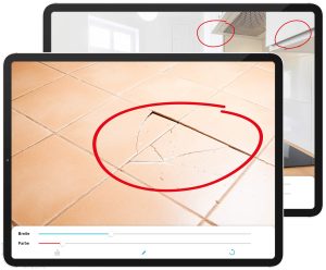 Tablet-Ansicht einer Foto-App mit rot markiertem Riss in Bodenfliesen und Werkzeugen für Strichbreite und Farbe.