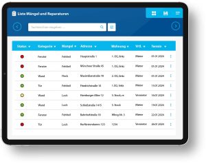 Tablet-Ansicht einer Objektübersicht mit Gebäudefoto, Adresse, Ansprechpartner, Eigentümer und Wohnungsliste.