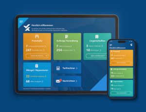 Dashboard der X-CITE.immo App auf Tablet und Smartphone mit Kacheln für Protokolle, Aufträge und Liegenschaften.