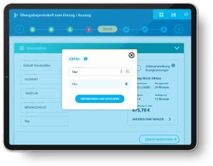 Tablet-Ansicht der Zählererfassung im Übergabeprotokoll mit Eingabemaske für Installationsort und Stromtarifvorschlag.